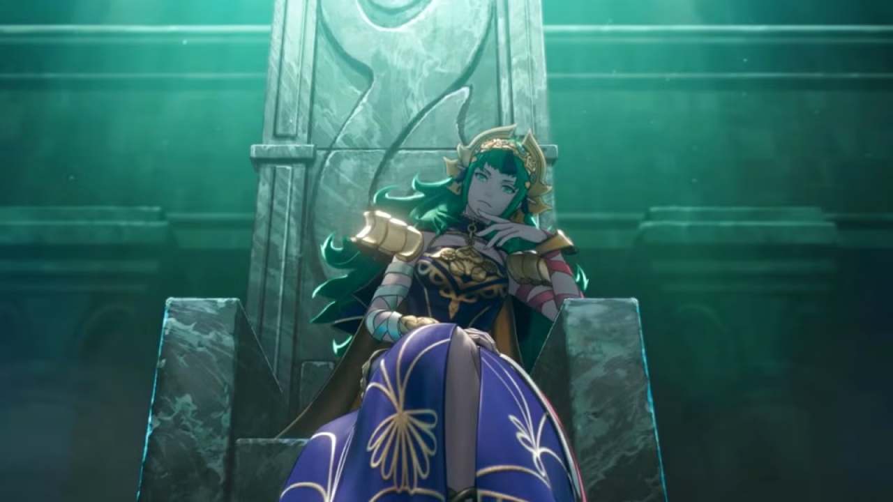 Fire Emblem: Fortune's Weave trailer new purple hair character sitting on the throne