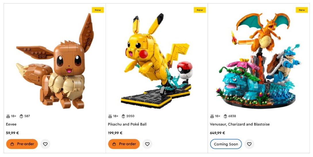 Pok&eacute;mon, LEGO, Eevee, Pikachu, Charizard Sets