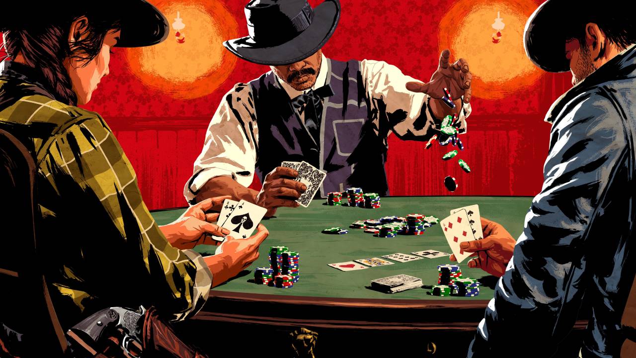 Players seated around a Texas Hold'em card table
