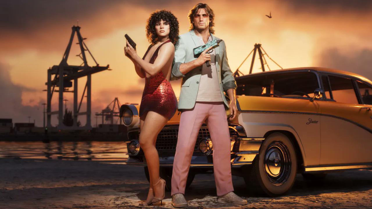 GTA 6 Two Characters Holding Gun, Lucia Caminos in Sexy Red Dress