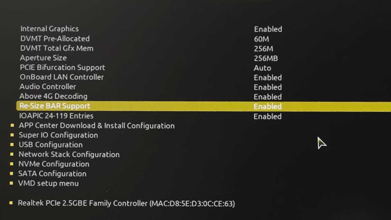 Intel ARC Resize Bar Enable Settings