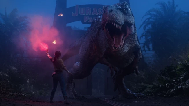 Jurassic Park: Survival Woman holding a Flare infront of a Dinosaur