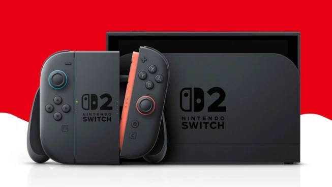 Nintendo Switch 2 on a red and white background 