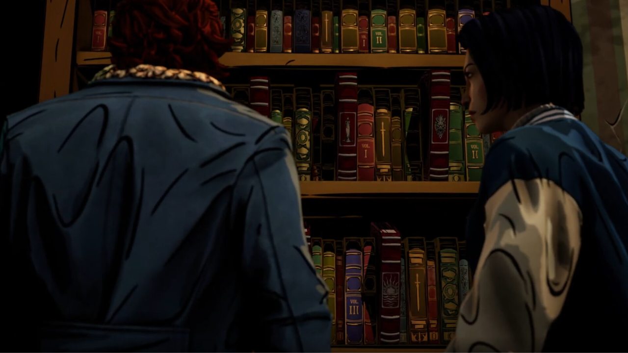 The Wolf Among Us 2 Bigby Wolf and Faye Leung investigate a bookshelf