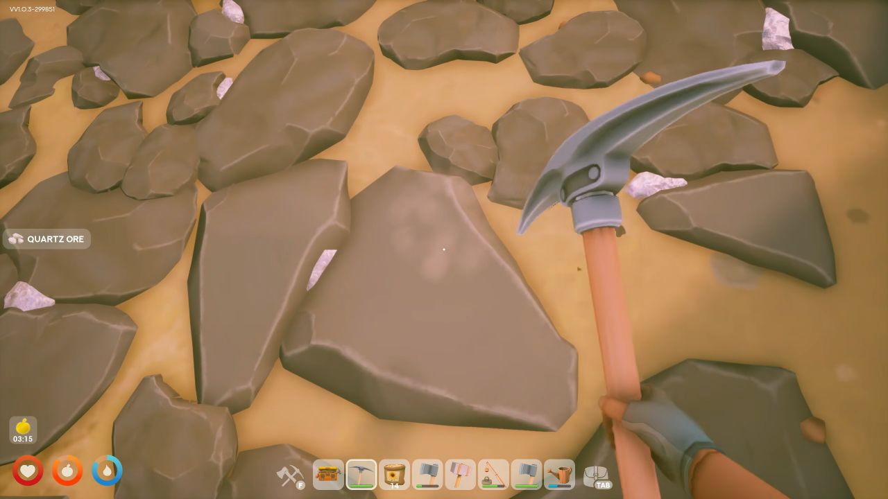 Solarpunk Guide Collecting Quartz Using Pick Axe