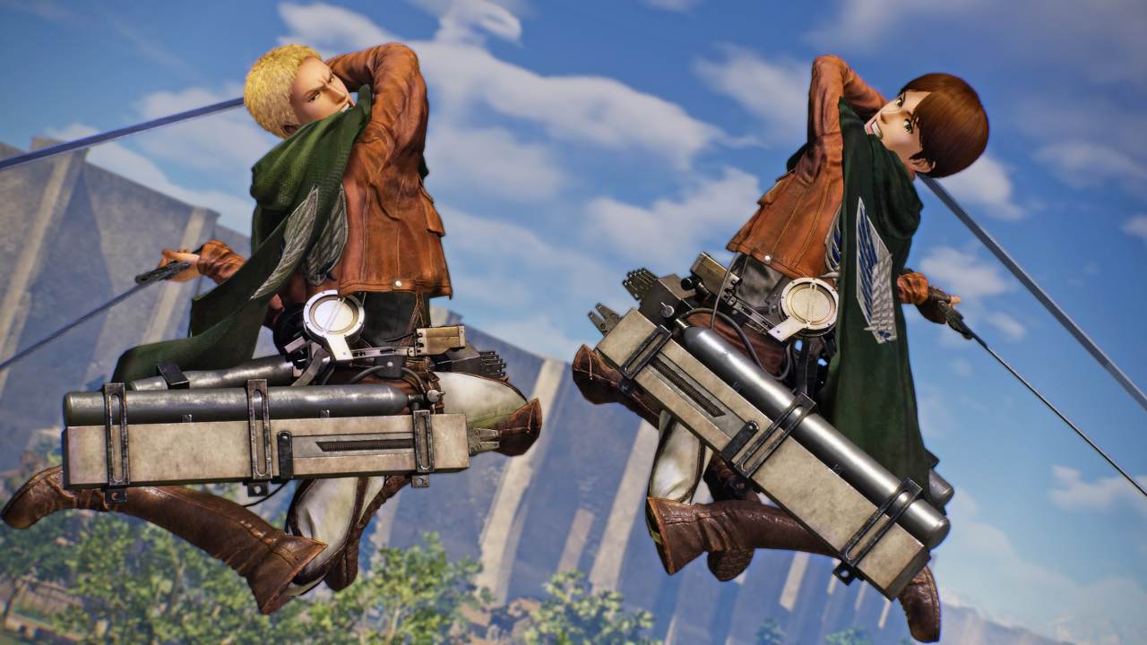 Attack on titan 3 Reiner and Eren fly side-by-side using ODM gear