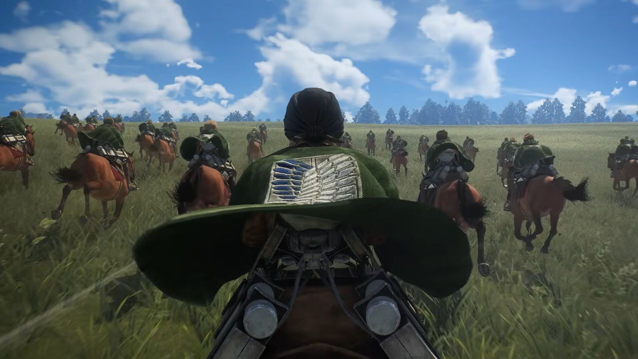 Attack on Titan 3 The Survey Corps charges on horseback