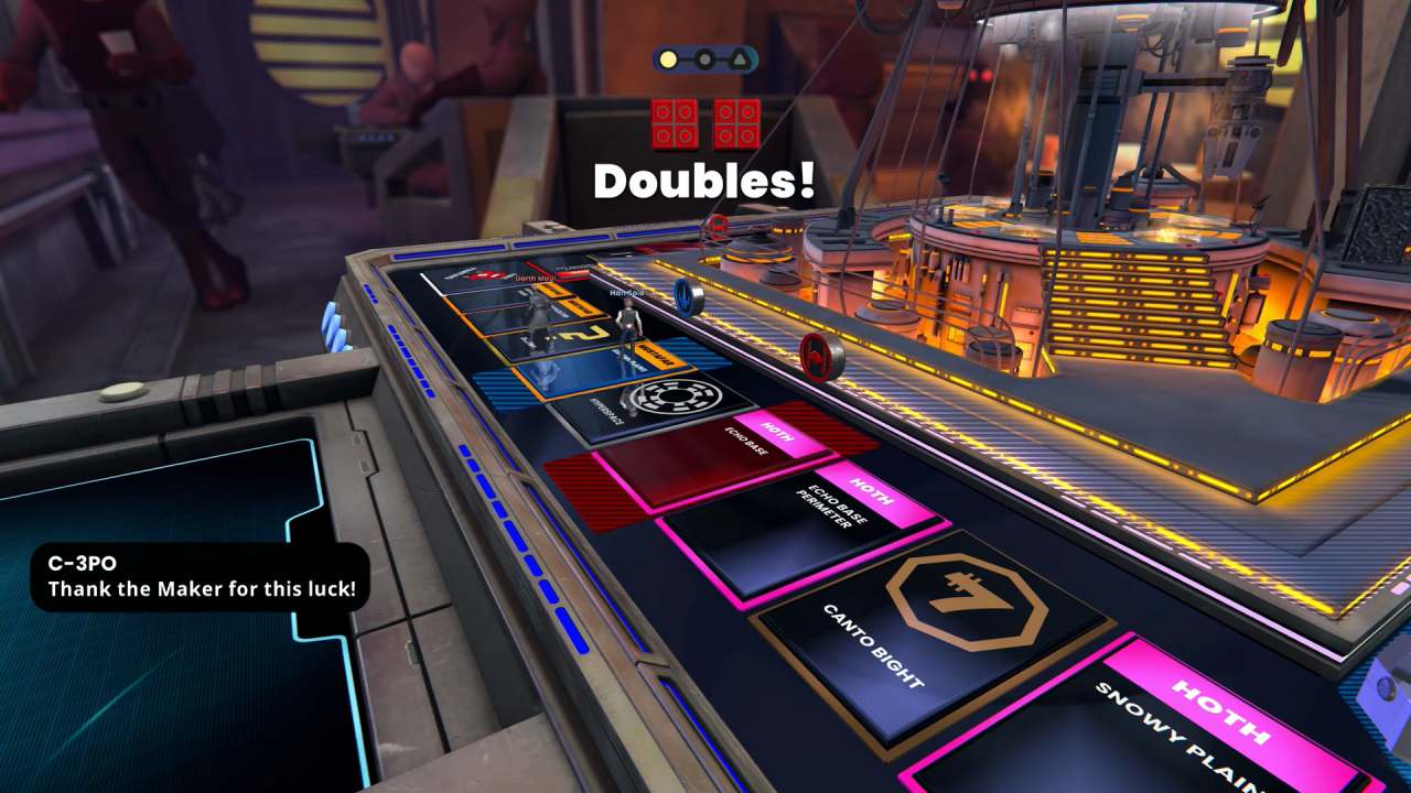 Monopoly Star Wars Heroes vs. Villains C-3PO celebrating rolling doubles