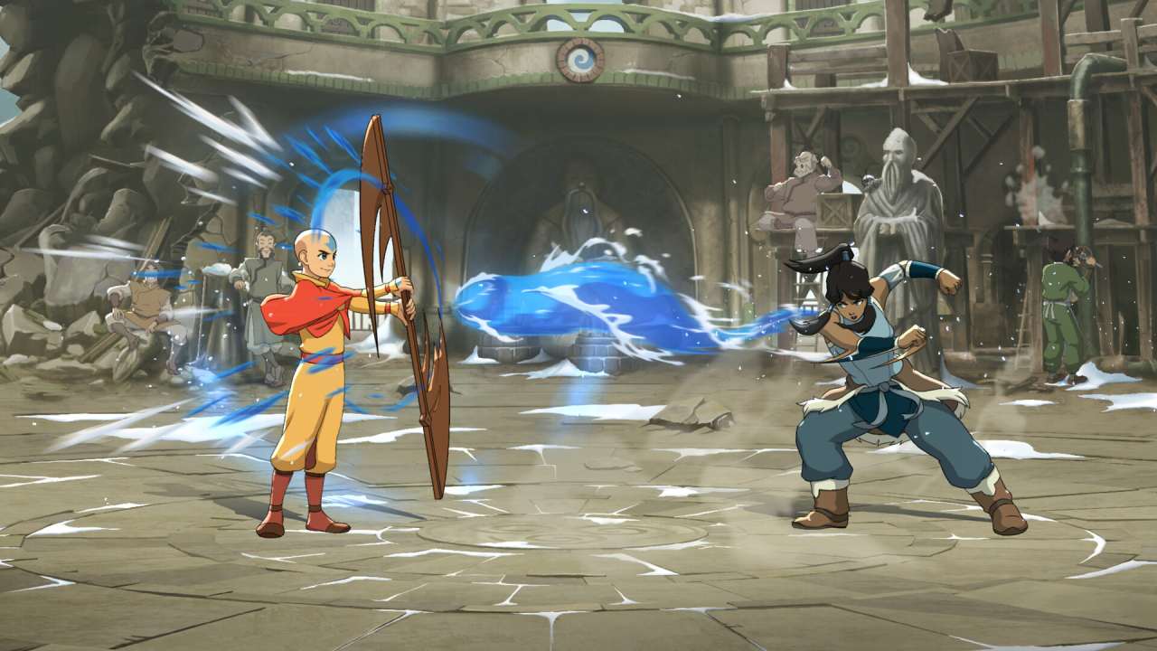 Avatar Legends The Fighting Game Aang blocking Korra's water blast