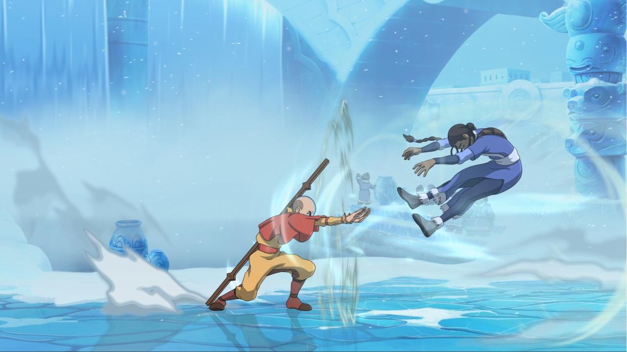 Avatar Legends The Fighting Game Aang airbends Katara backward smoothly