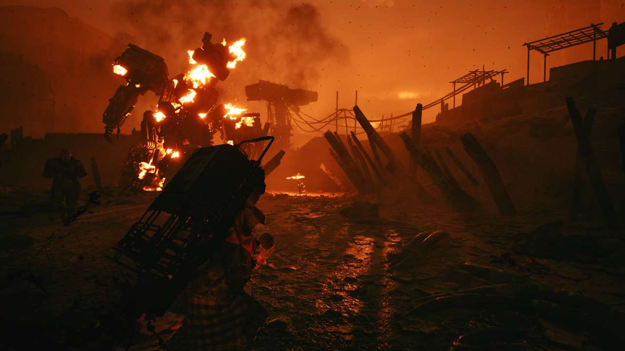 The Forever Winter Mask Man infront of a Robot on Fire