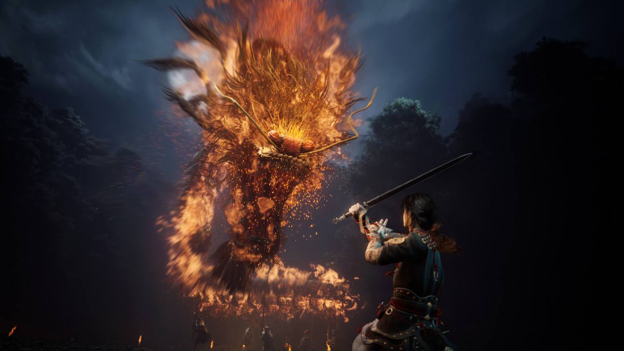 Swords of Legends Si Pan facing giant flaming dragon