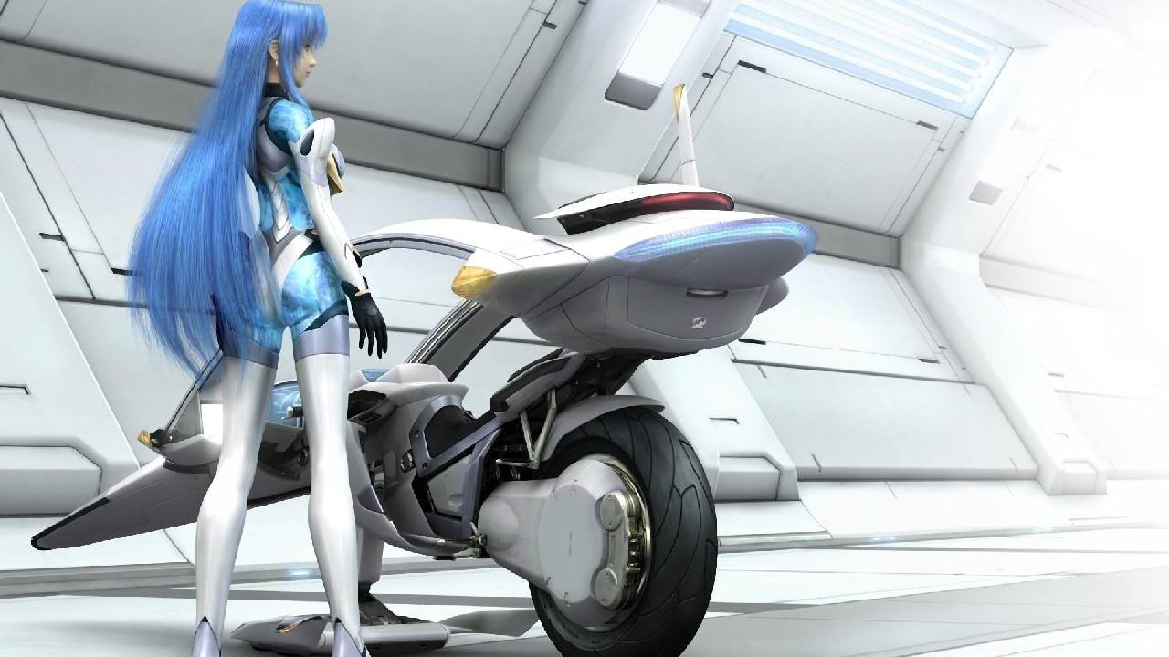 Xenosaga Episode II KOS-MOS standing next to a motorcycle