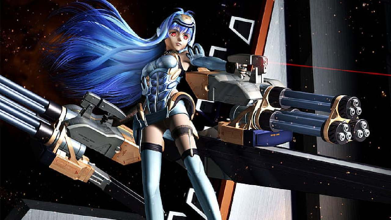 Xenosaga Episode I KOS-MOS wielding heavy gatling guns.