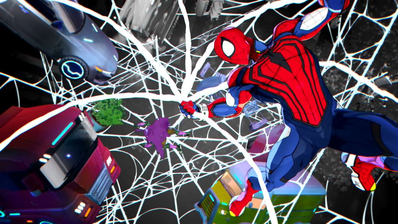 Marvel Tokon Fighting Souls features SpiderMan catching falling vehicles