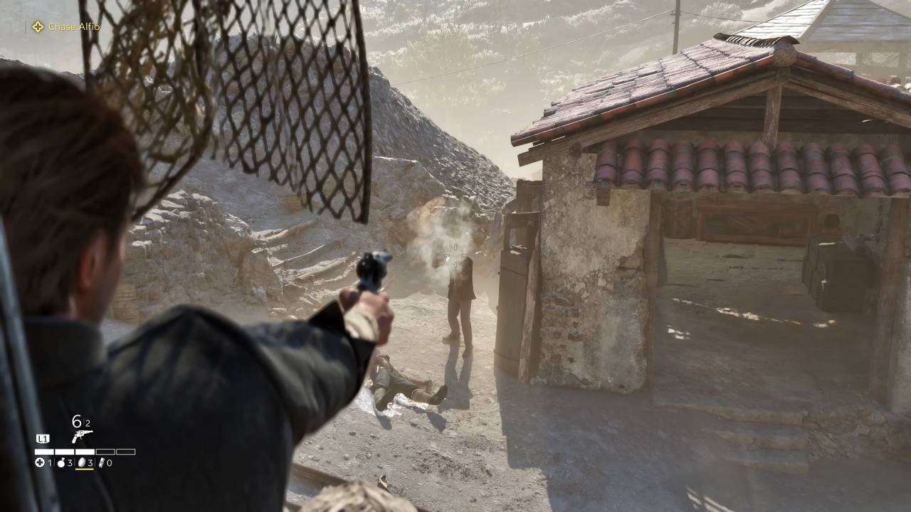 Mafia: The Old Country - Man of Honor Enzo shooting an enemy during a gunfight