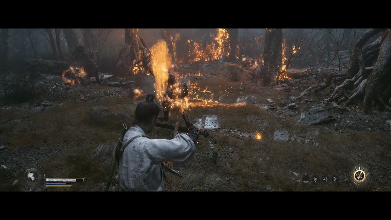 Black Myth Zhong Kui protagonist fighting burning enemy