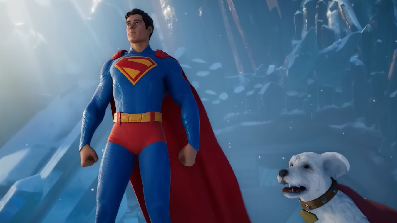 Fortnite Superman standing beside Krypto in James Gunn's universe
