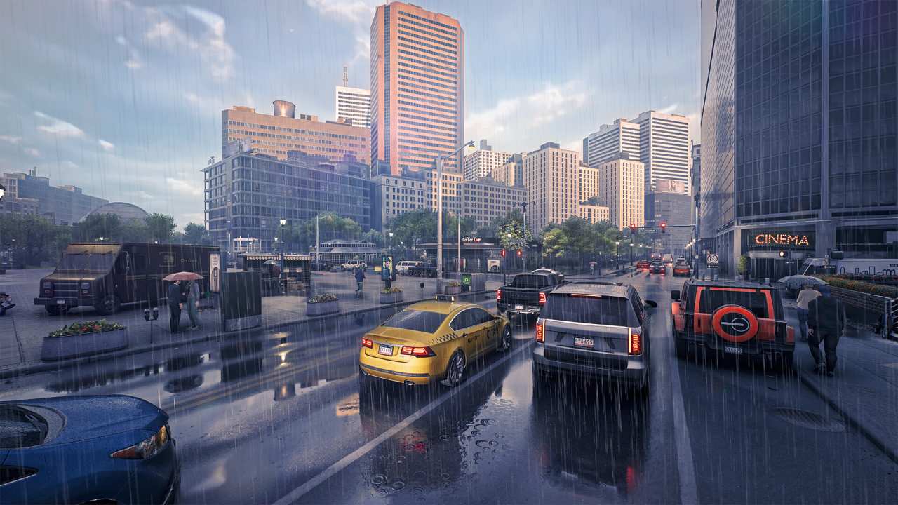 Rideshare "Stimulator" cars driving in city rain