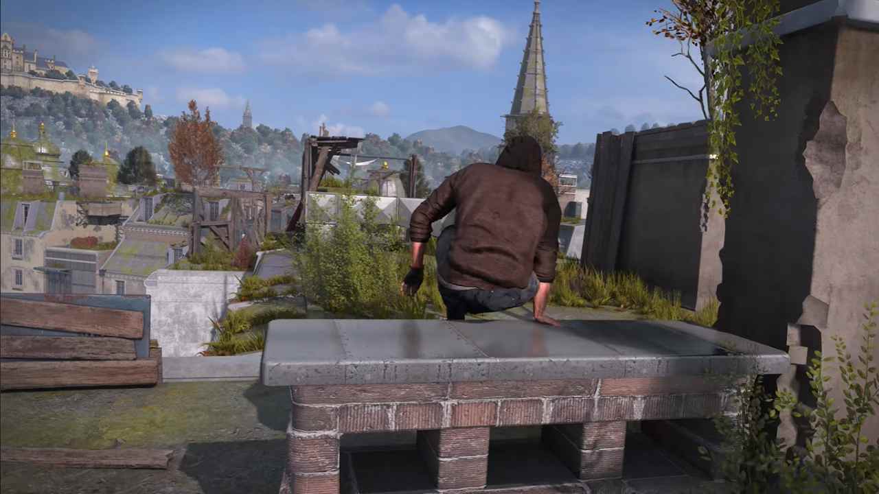 Dying Light 2 Renaissance Protagonist jumping over bench