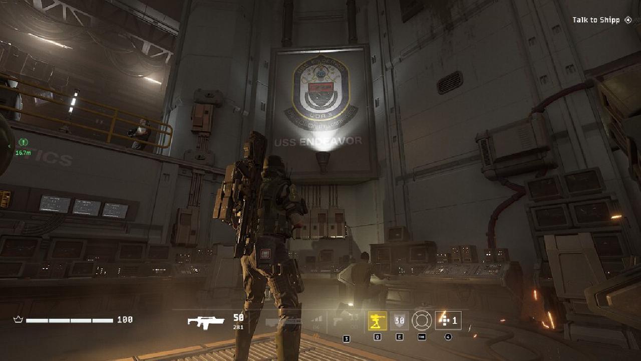 Aliens: Fireteam Elite's marine stands inside USS Endeavor