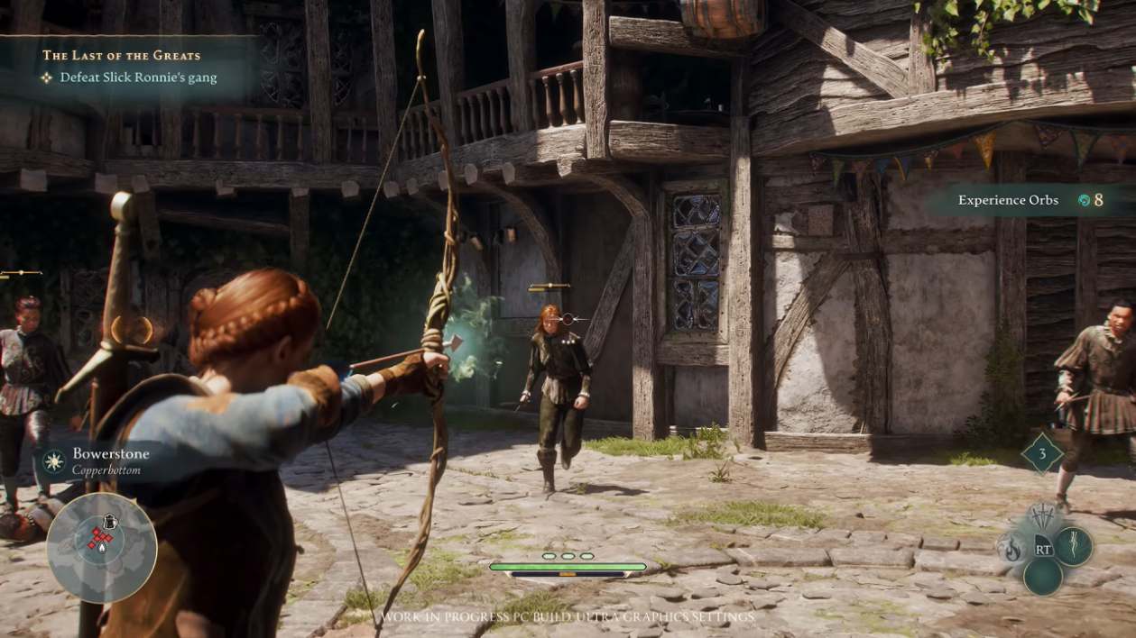 Fable female protagonist aims bow at approaching enemy