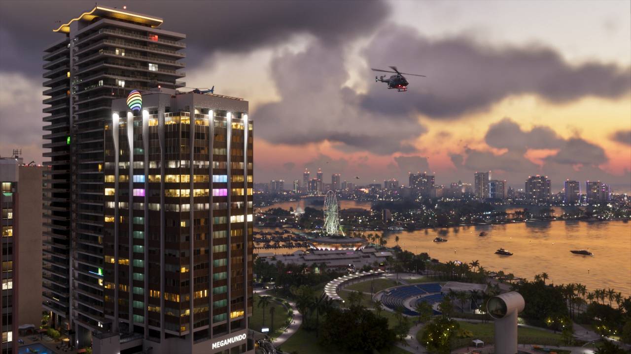 GTA 6 Vice City skyline featuring helicopter