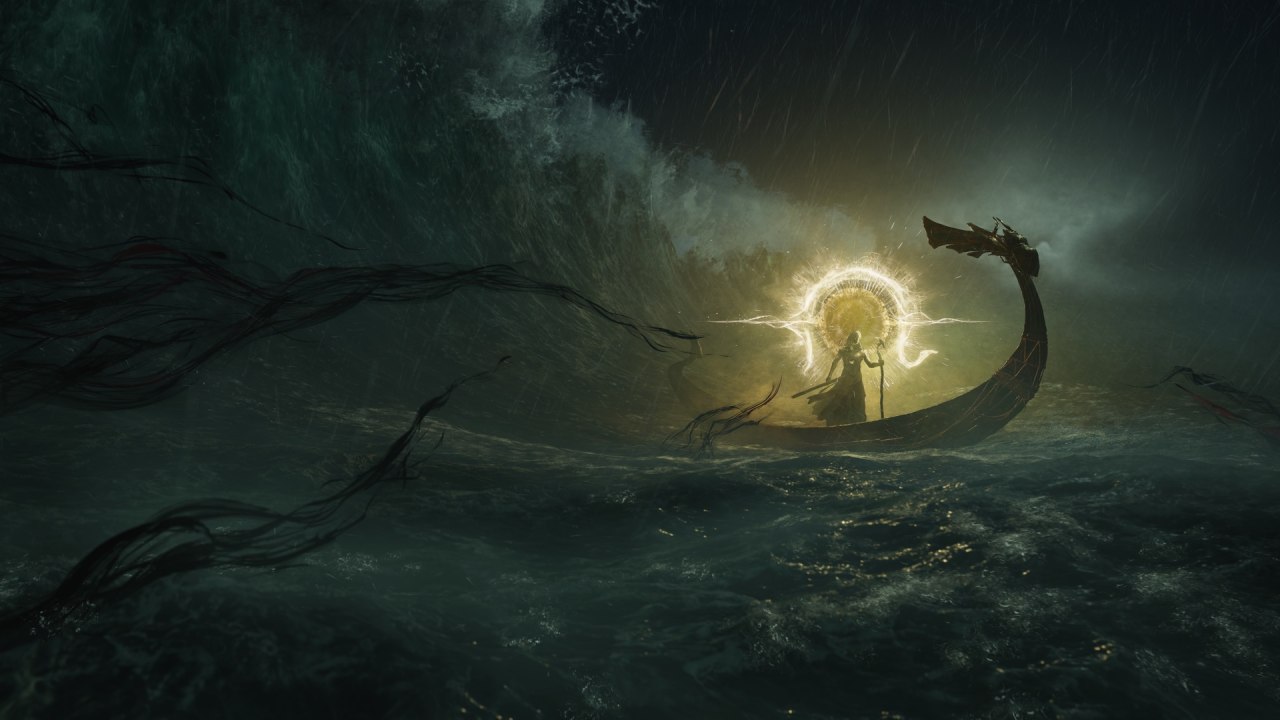 Nodusfall glowing character sails stormy seas