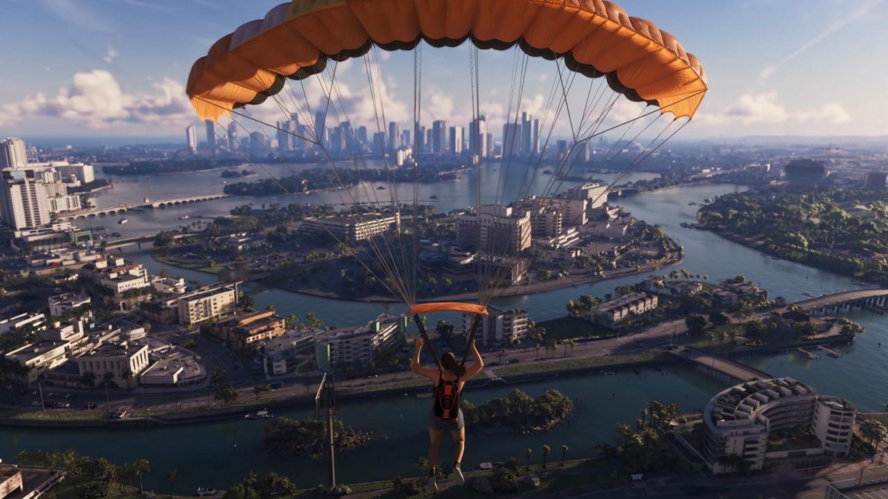 Grand Theft Auto VI Lucia skydiving over city