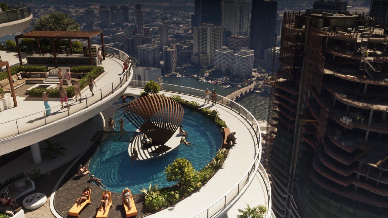 GTA 6 high-rise rooftop pool party in Vice City