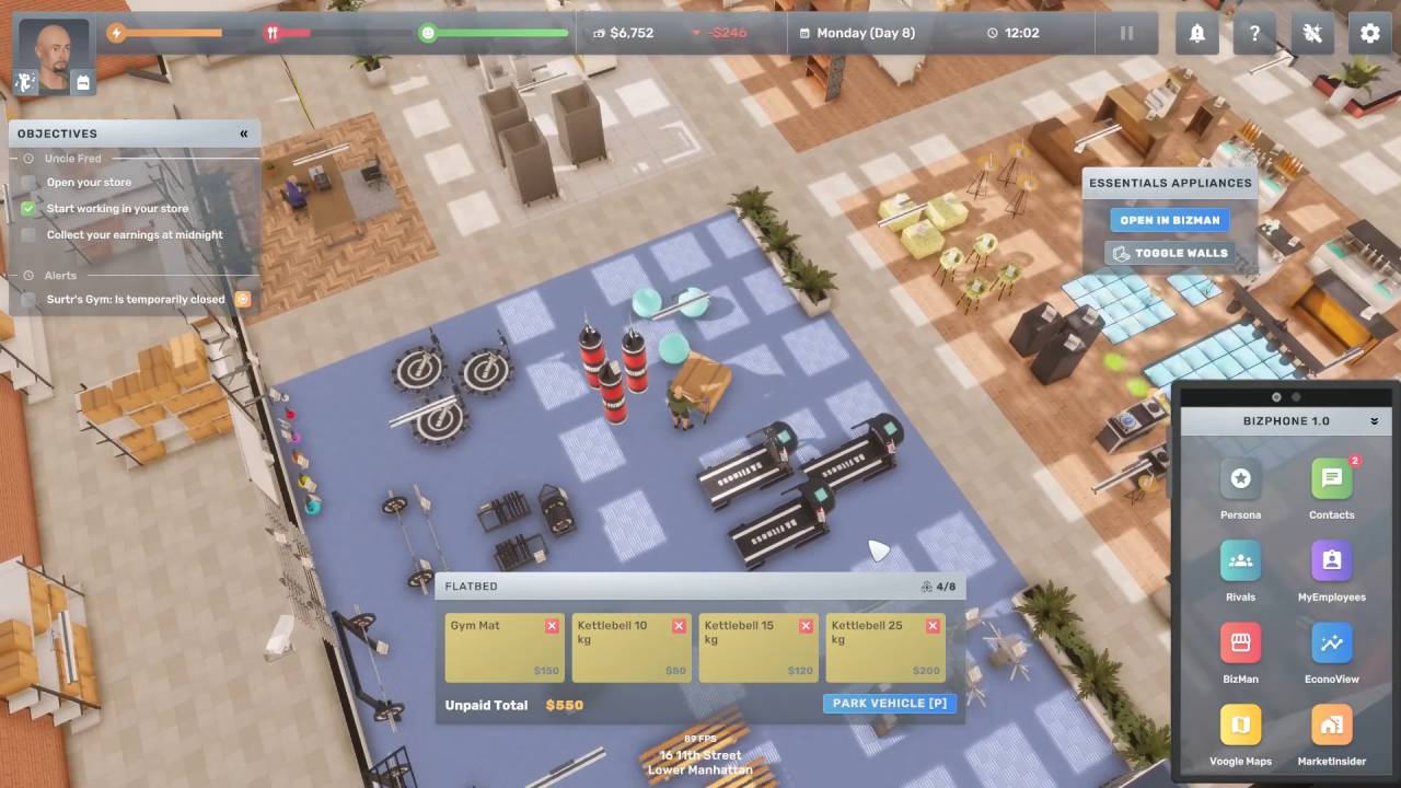 Big Ambitions character purchasing gym equipment