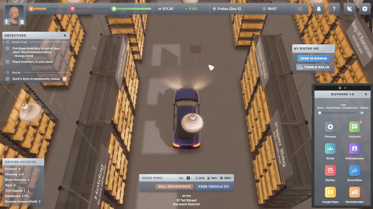 Big Ambitions character driving inside warehouse