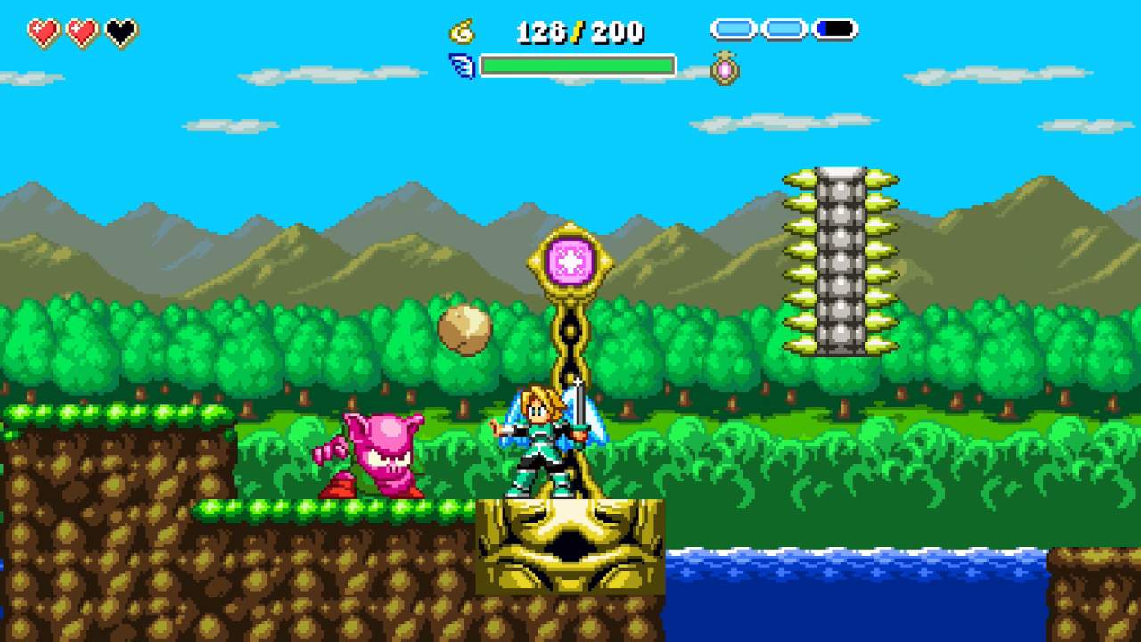 Aggelos protagonist confronting pink stone enemy