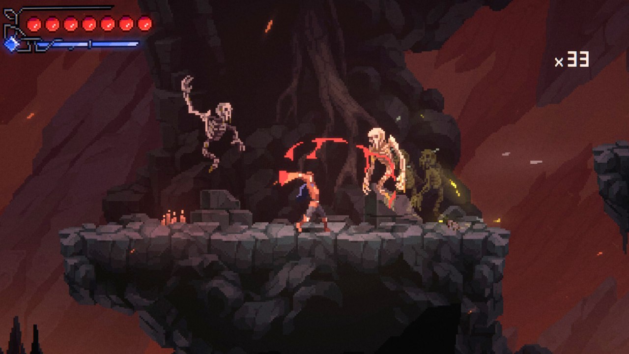 A warrior slashes a sword at skeletal enemies on a stone platform in a fiery, cavernous setting.