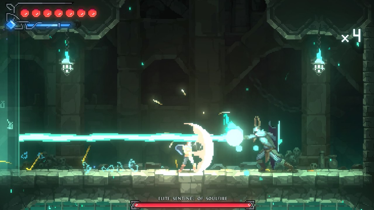 A hero deflects a horizontal teal energy beam while battling the Elite Sentinel of Soulfire in a dark chamber.