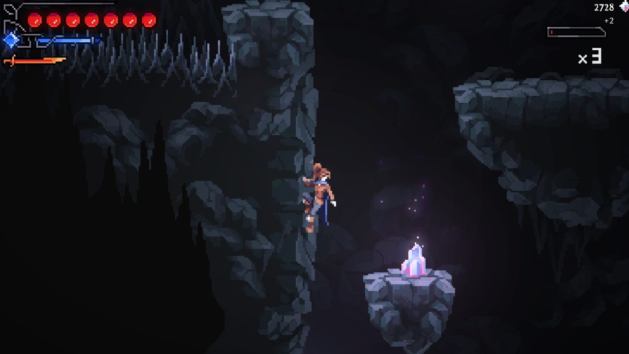 The protagonist explores a deep cave filled with glowing blue crystals.