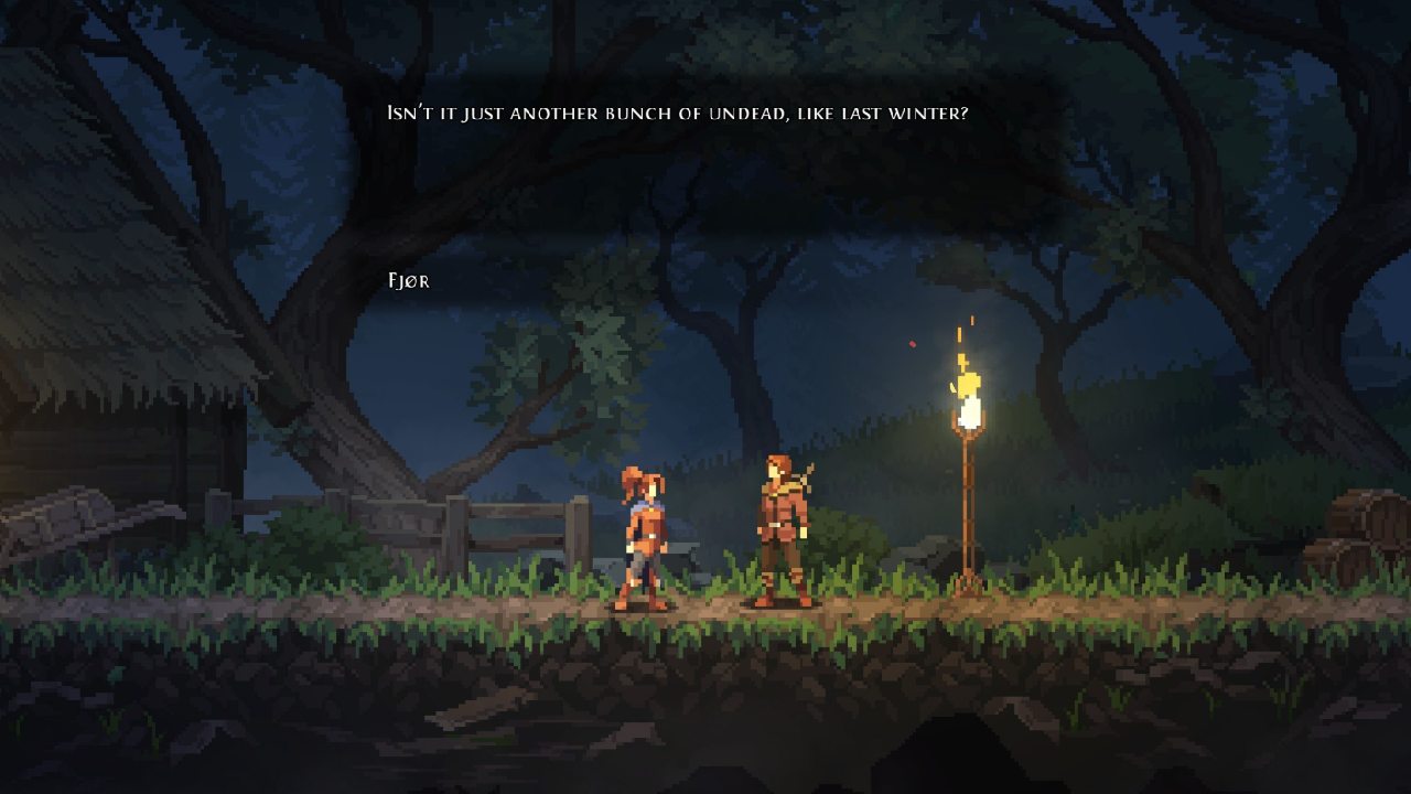 The protagonist speaks with Fj&oslash;r by a torchlit path at night.