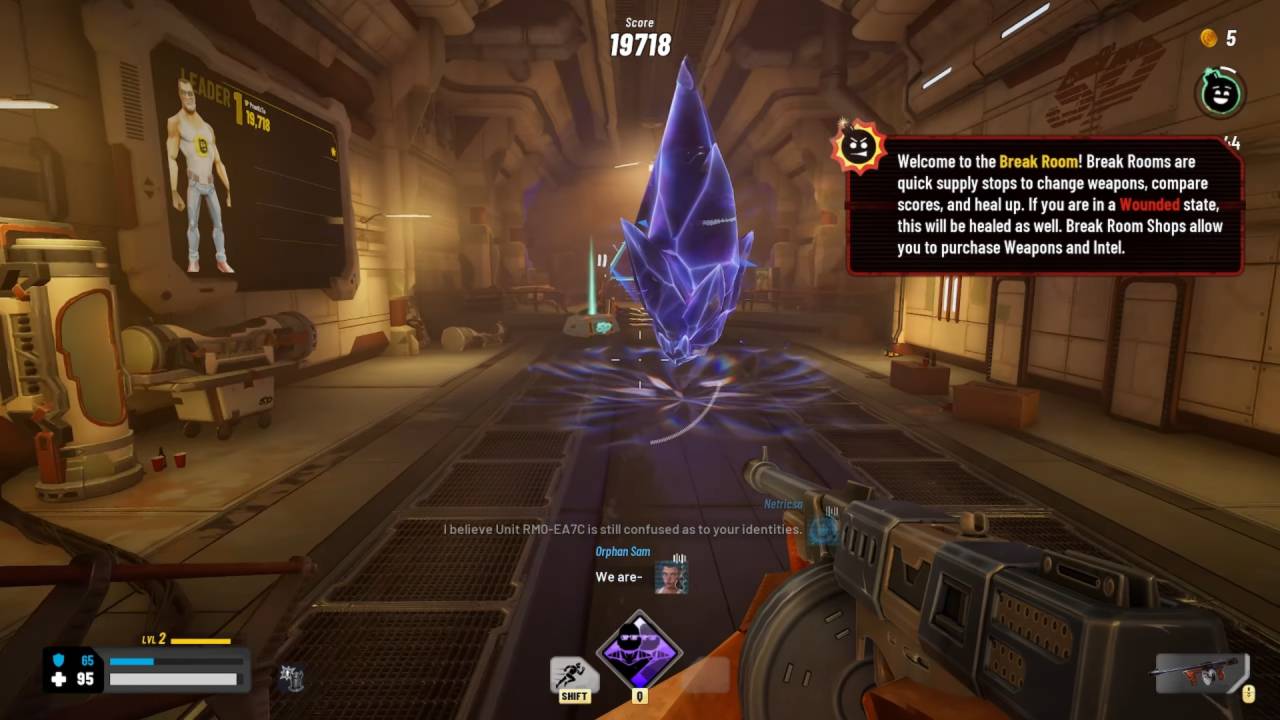 A player holding a heavy machine gun visits a glowing purple crystal in a metal corridor labeled as the Break Room supply stop.