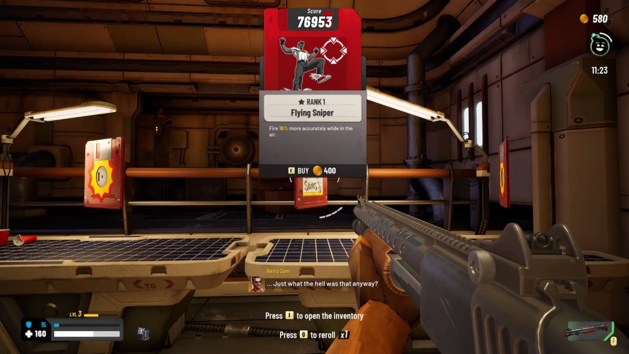 The player inspects an upgrade card for "Flying Sniper" while holding a shotgun in a shop room.