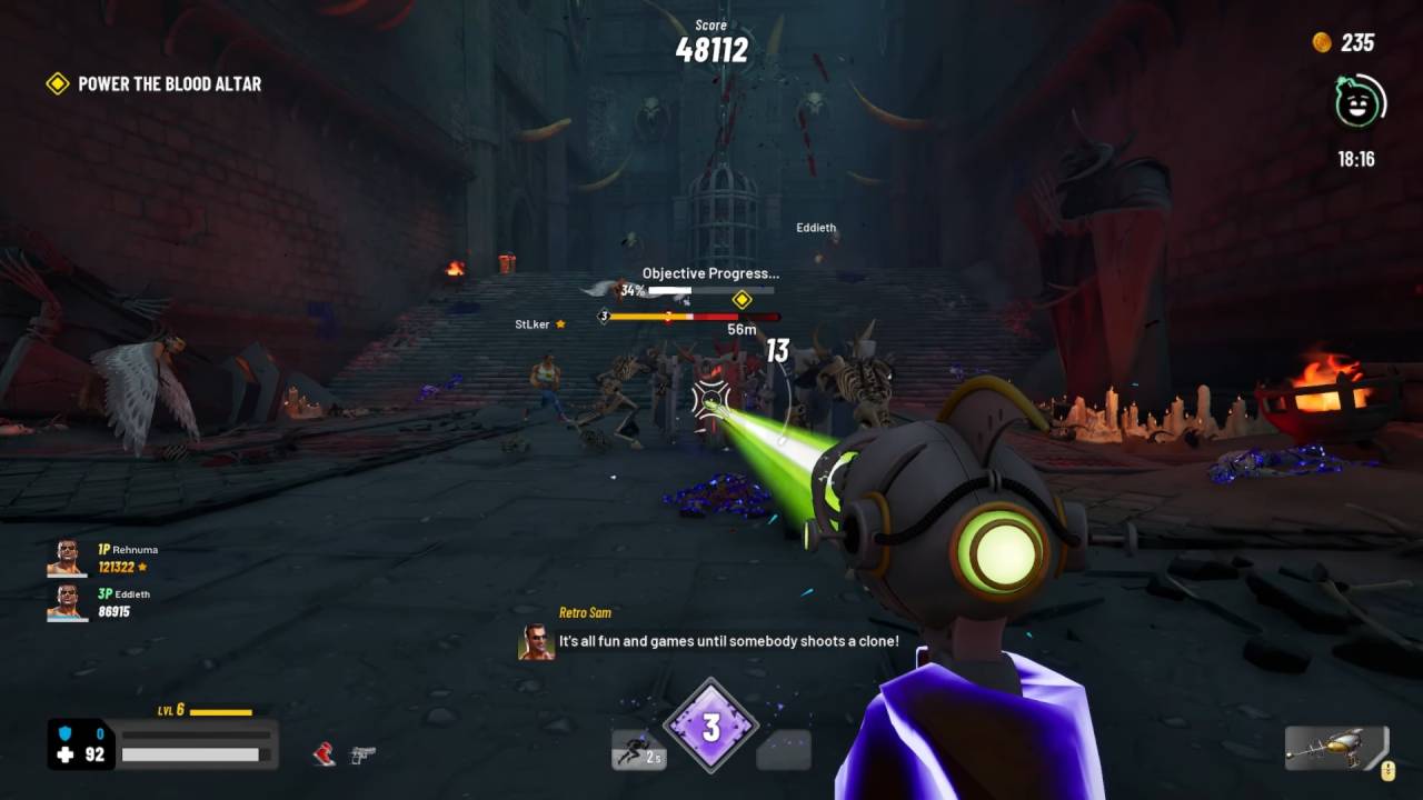 The player shoots a neon-green laser beam into a swarm of skeletal enemies to complete the "Power the Blood Altar" objective.
