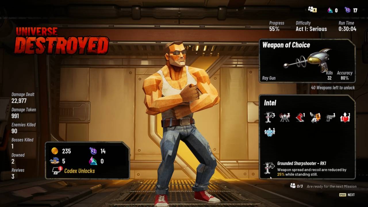 A low-poly character stands next to the "Universe Destroyed" endgame menu displaying combat stats, currency, and weapon metrics.