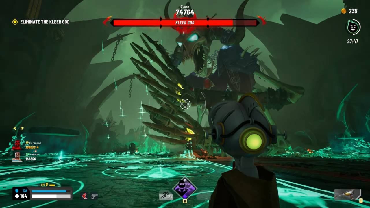 The player aims a ray gun at the massive skeletal boss, "Kleer God," inside a green-lit ritual arena.