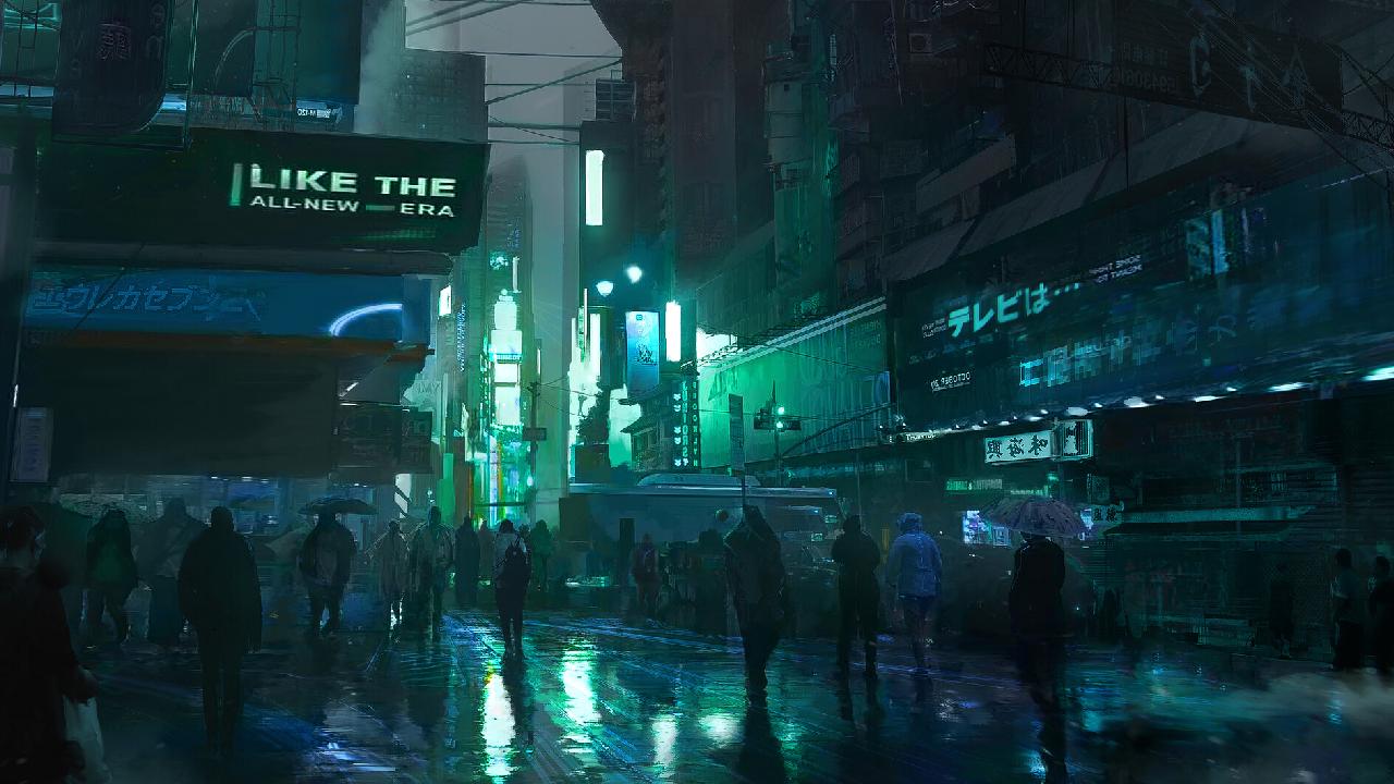Cyberpunk 2077 pedestrians walking rainy street