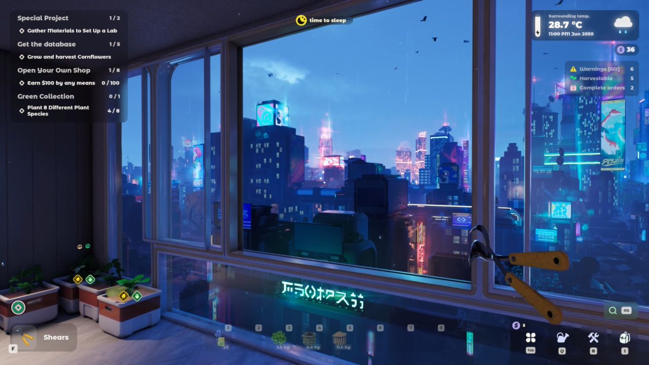 Tiny Eden character views cityscape through balcony window