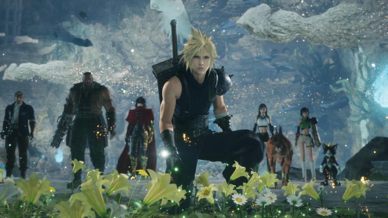 Final Fantasy VII Revelation Cloud kneels in flowers