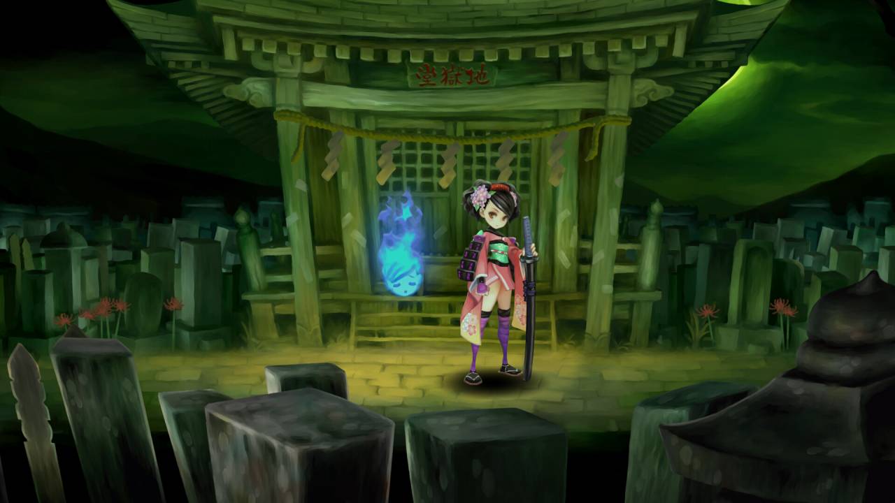 Muramasa Revenant Blades Momohime standing in a graveyard
