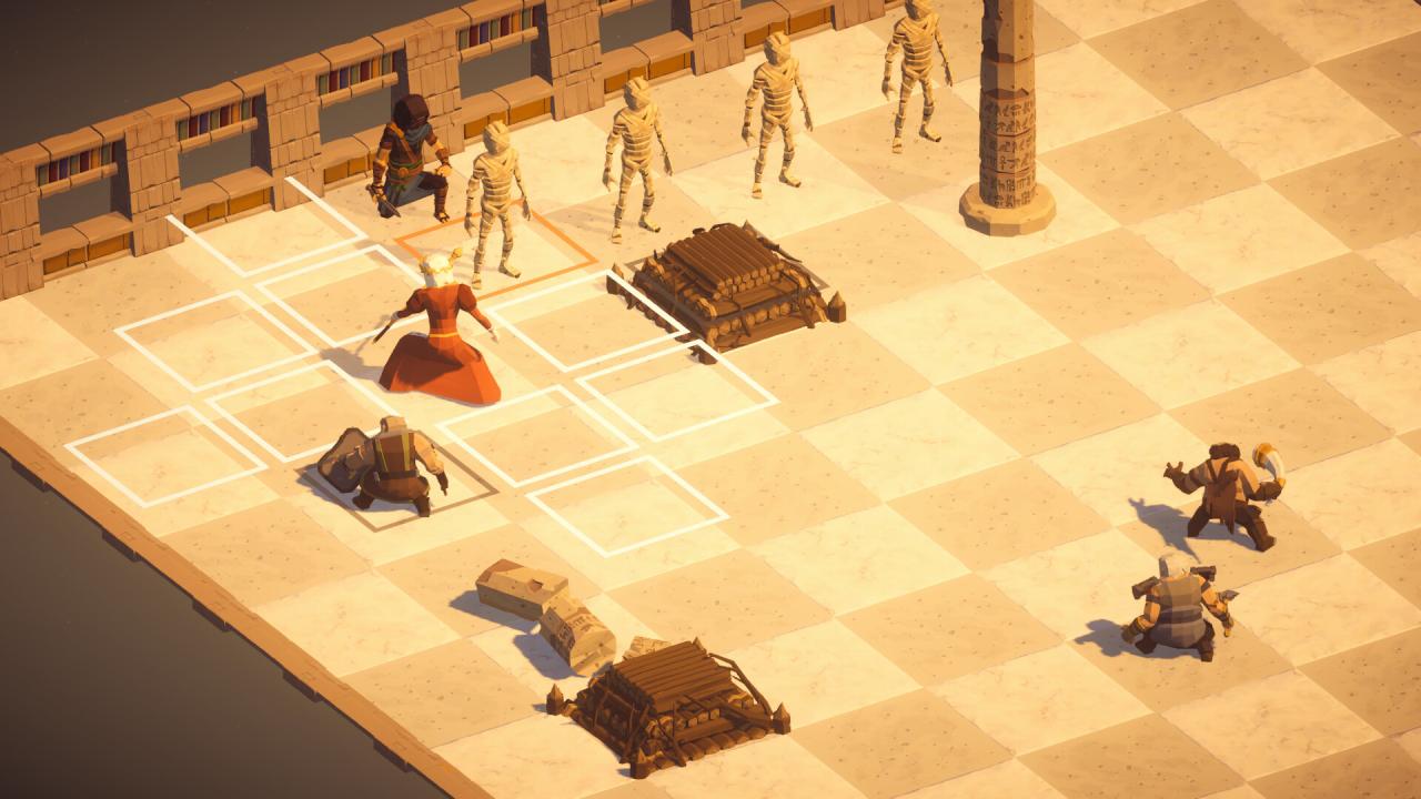 Pieces of the Kingdom Queen facing mummies on grid