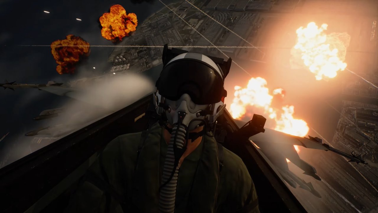 Ace Combat 8 Wings of Theve pilot flying through explosions