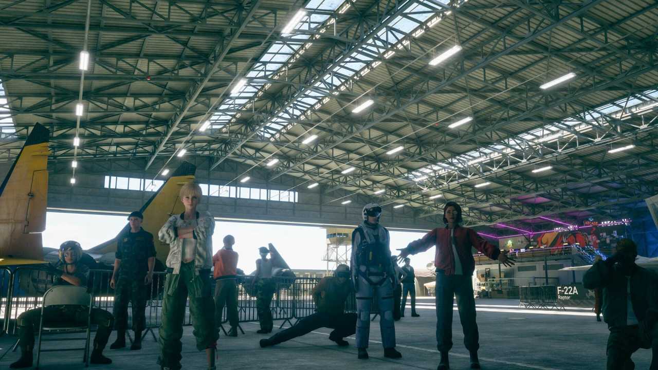 Ace Combat 8 co-op warfare characters standing inside aircraft hangar