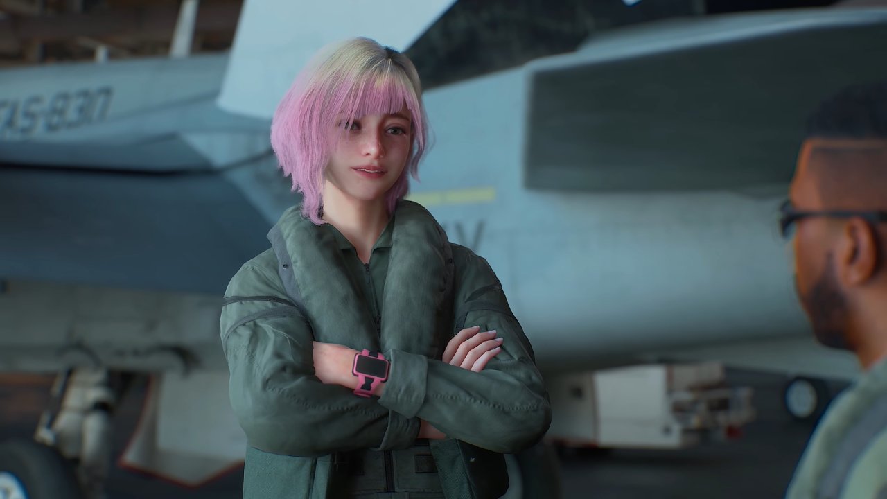 Ace Combat 8 Wings of Theve female pilot pink hair talking coworker